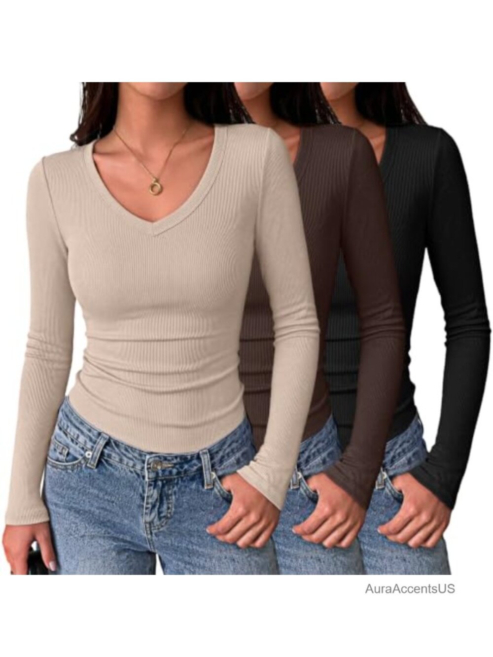 Long Sleeve V-Neck Ribbed Slim Fit T-Shirt